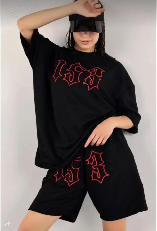 Unisex Nakış İşlemeli Şort Takım - Siyah - ANGELINO BuyukBedeniz