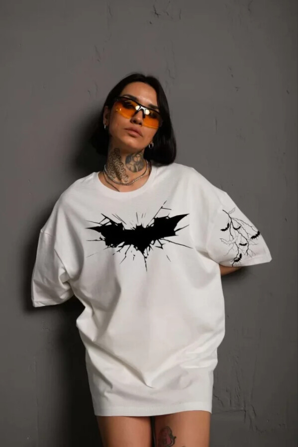 Unisex Ön Ve Kol Baskılı Oversize T-shirt - Beyaz - ANGELINO BuyukBedeniz