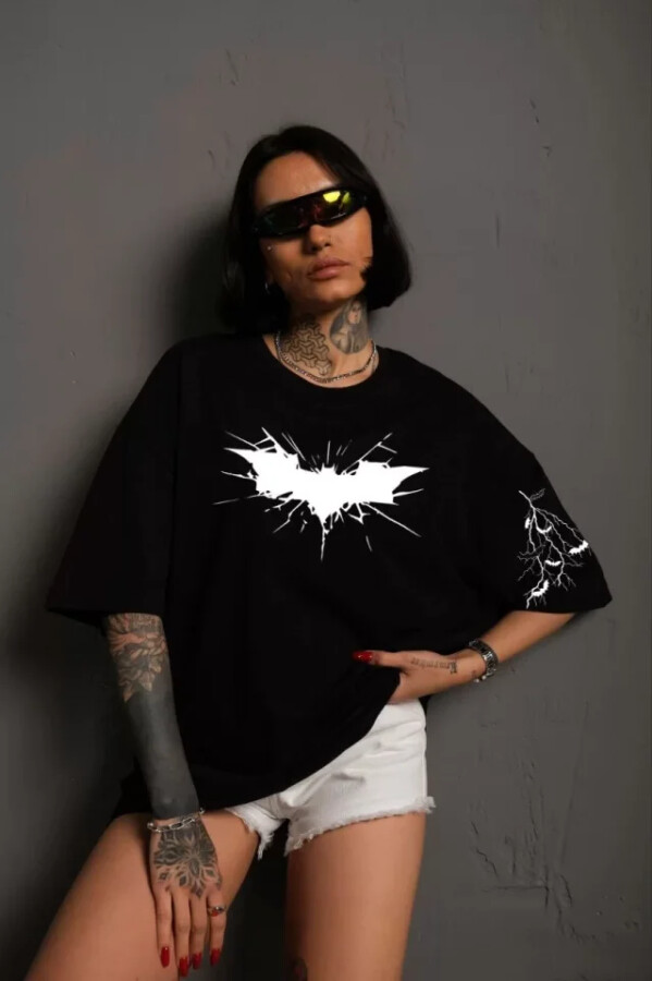 Unisex Ön Ve Kol Baskılı Oversize T-shirt - Siyah - ANGELINO BuyukBedeniz