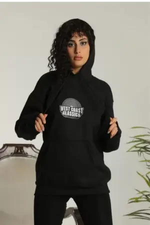 Unisex Sırt Baskılı Kapüşonlu Üç İplik Oversize Sweatshirt - Siyah - 1