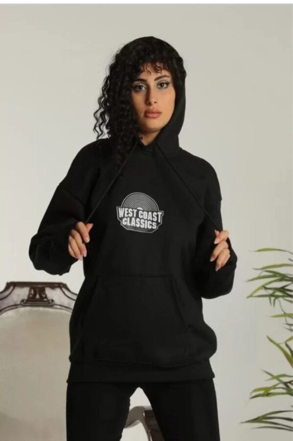 Unisex Sırt Baskılı Kapüşonlu Üç İplik Oversize Sweatshirt - Siyah - ANGELINO BuyukBedeniz