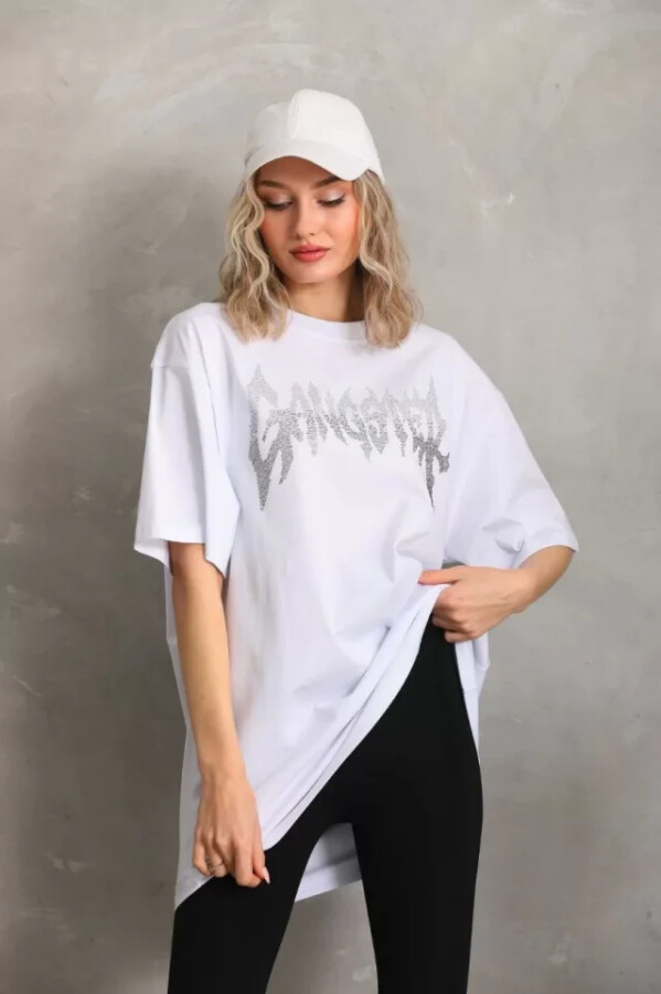Unisex Taş Desenli Oversize T-Shirt - Beyaz - ANGELINO BuyukBedeniz