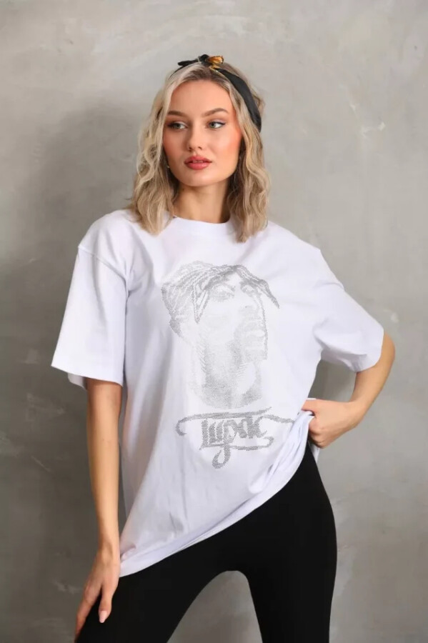 Unisex Taş Desenli Oversize T-Shirt - Beyaz - ANGELINO BuyukBedeniz