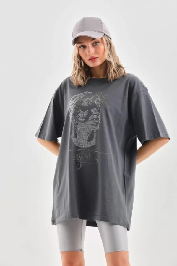Unisex Taş Desenli Oversize T-Shirt - Füme - ANGELINO BuyukBedeniz
