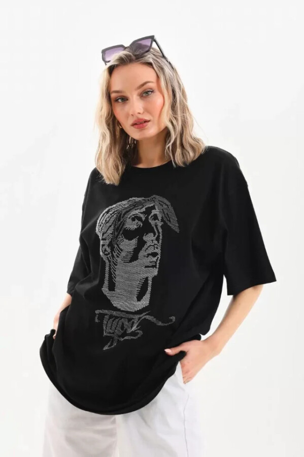 Unisex Taş Desenli Oversize T-Shirt - Siyah - ANGELINO BuyukBedeniz