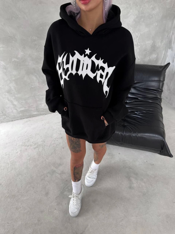 Unisex Üç İplik Kapşonlu Baskılı SweatShirt - Siyah - 1