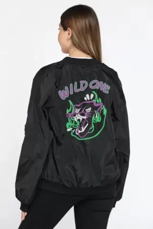 Unisex Uzun Kol Baskılı Bomber Ceket - Siyah - 1