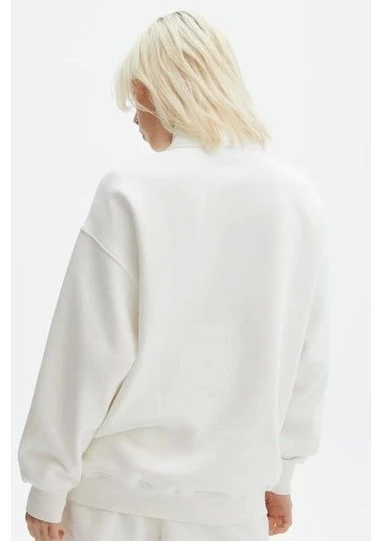 Unisex Uzun Kol Yarım Farmuarlı Yakalı Basic SweatShirt - Beyaz - 2