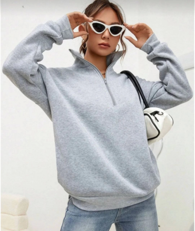Unisex Uzun Kol Yarım Farmuarlı Yakalı Basic SweatShirt - Gri - 2
