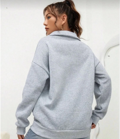 Unisex Uzun Kol Yarım Farmuarlı Yakalı Basic SweatShirt - Gri - 3