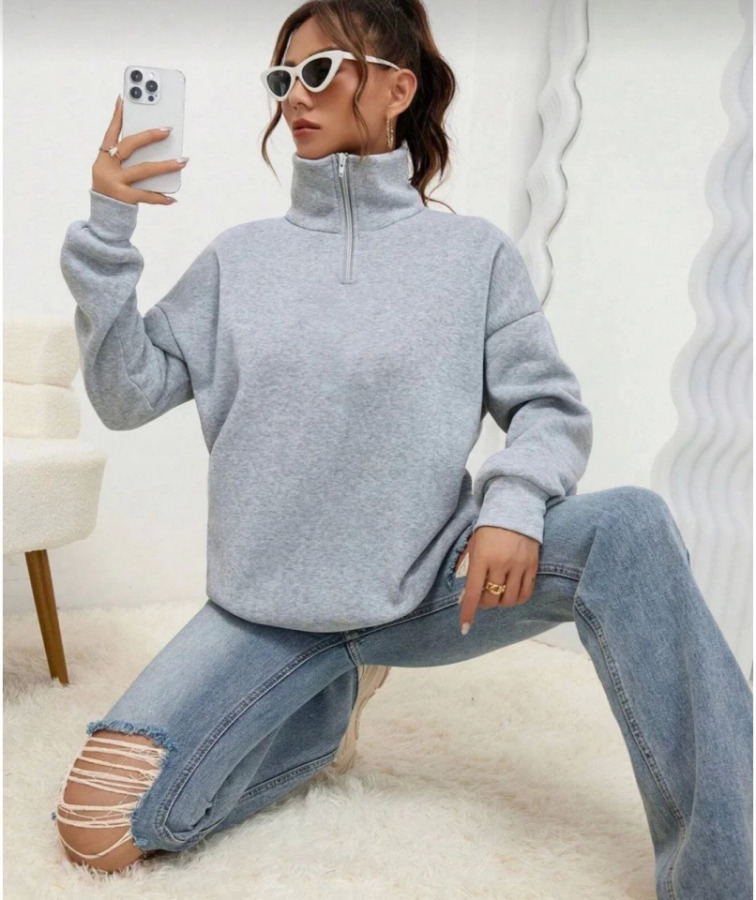 Unisex Uzun Kol Yarım Farmuarlı Yakalı Basic SweatShirt - Gri - 1