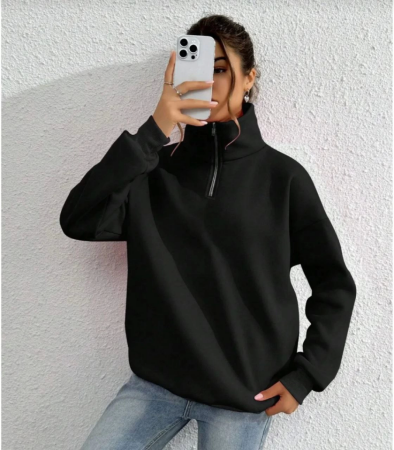 Unisex Uzun Kol Yarım Farmuarlı Yakalı Basic SweatShirt - Siyah - 1