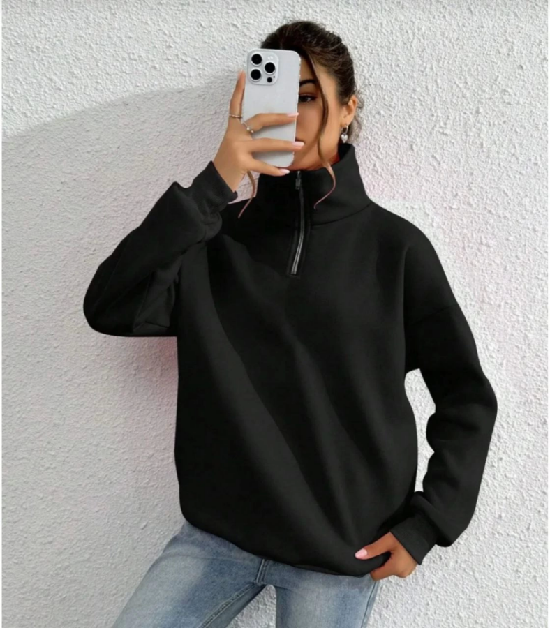 Unisex Uzun Kol Yarım Farmuarlı Yakalı Basic SweatShirt - Siyah - 3