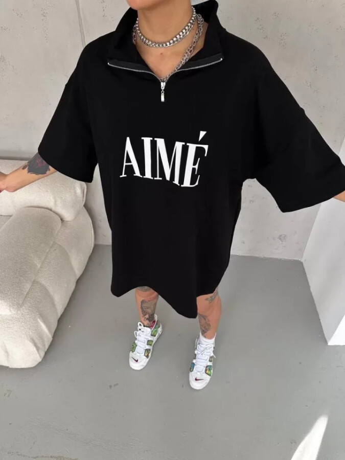 Unisex Yarım Fermuarlı Baskılı T-Shirt - Siyah - ANGELINO BuyukBedeniz