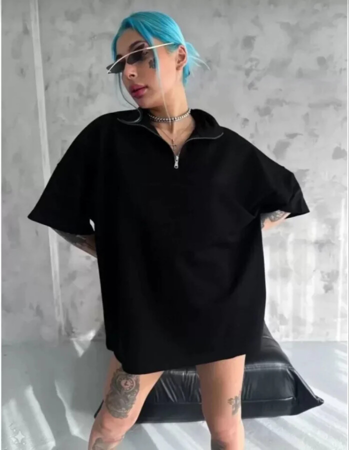 Unisex Yarım Fermuarlı Düz Oversize T-Shirt - Siyah - ANGELINO BuyukBedeniz
