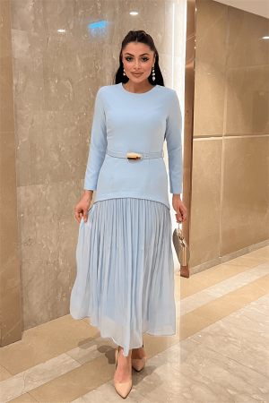 Üst Atlas Alt Şifon Kumaş Elbise - BEBE MAVİSİ - Angelino Moda