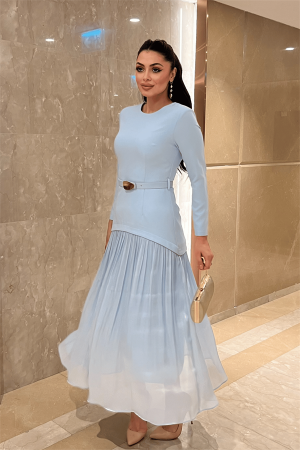 Üst Atlas Alt Şifon Kumaş Elbise - BEBE MAVİSİ - Angelino Moda (1)