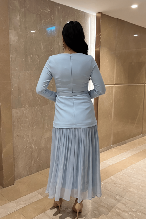 Üst Atlas Alt Şifon Kumaş Elbise - BEBE MAVİSİ - 5