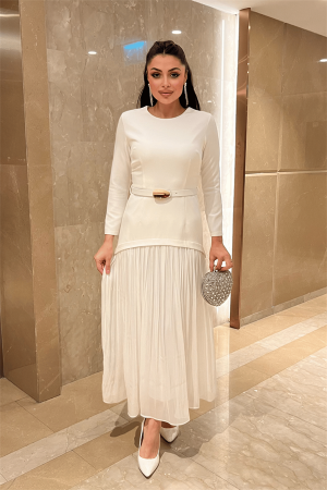 Üst Atlas Alt Şifon Kumaş Elbise - BEYAZ - Angelino Moda