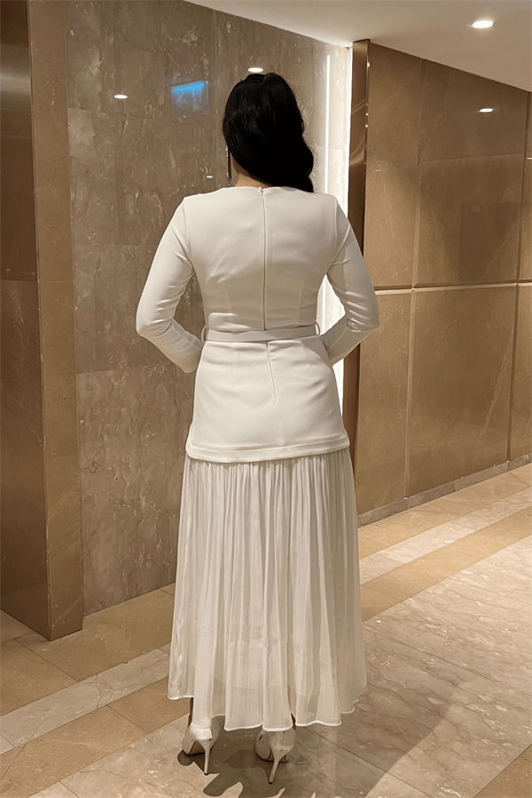 Üst Atlas Alt Şifon Kumaş Elbise - BEYAZ - 5