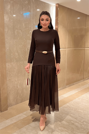 Üst Atlas Alt Şifon Kumaş Elbise - KAHVERENGİ - 1