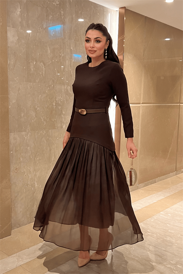 Üst Atlas Alt Şifon Kumaş Elbise - KAHVERENGİ - 2