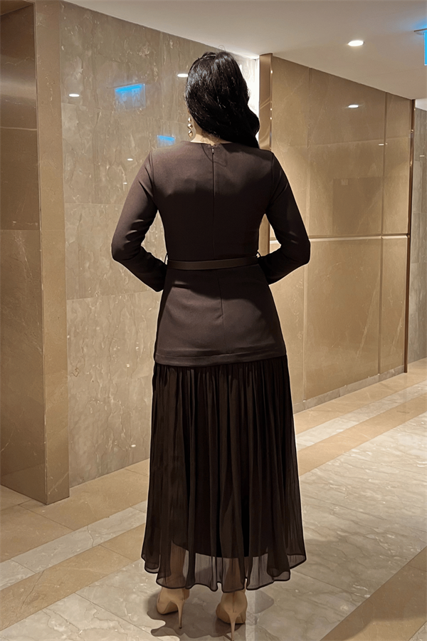 Üst Atlas Alt Şifon Kumaş Elbise - KAHVERENGİ - 5