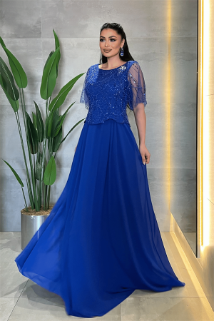 Üst Boncuklu Kumaş Alt Şifon Elbise - SAKS MAVİ - Angelino Moda (1)