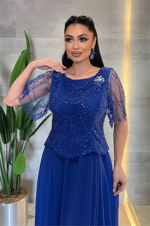 Üst Boncuklu Kumaş Alt Şifon Elbise - SAKS MAVİ - 3