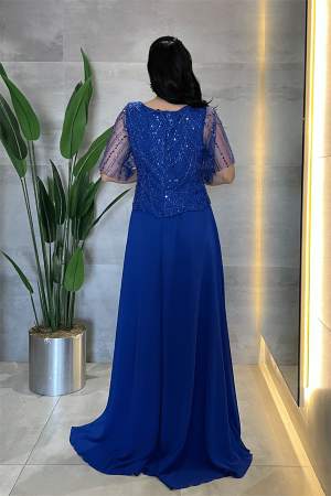Üst Boncuklu Kumaş Alt Şifon Elbise - SAKS MAVİ - 5