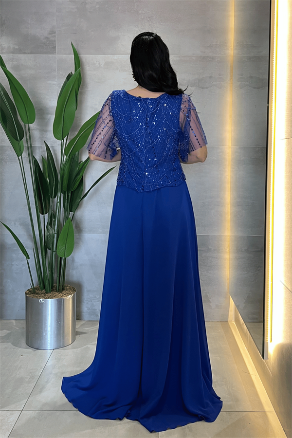 Üst Boncuklu Kumaş Alt Şifon Elbise - SAKS MAVİ - 5