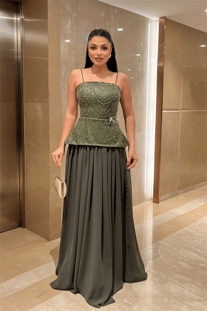 Üst Boncuklu Kumaş Alt Şifon Tasarım Elbise - HAKİ YEŞİLİ - Angelino Moda