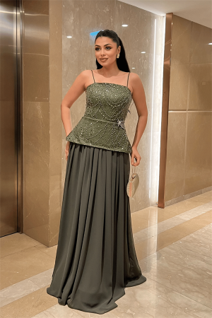 Üst Boncuklu Kumaş Alt Şifon Tasarım Elbise - HAKİ YEŞİLİ - Angelino Moda (1)