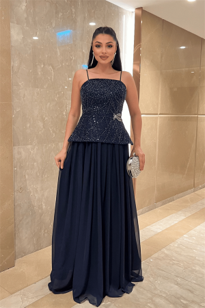 Üst Boncuklu Kumaş Alt Şifon Tasarım Elbise - LACİVERT - Angelino Moda