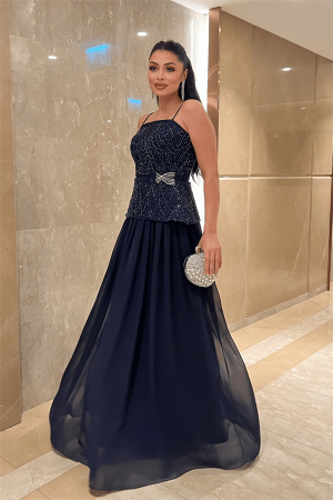 Üst Boncuklu Kumaş Alt Şifon Tasarım Elbise - LACİVERT - Angelino Moda (1)
