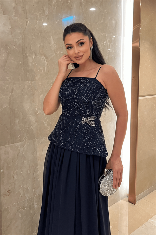 Üst Boncuklu Kumaş Alt Şifon Tasarım Elbise - LACİVERT - 3