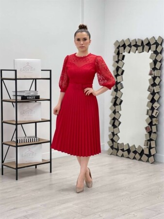 Top Lace Bottom Atlas Fabric Pleated Dress - RED - Angelino Moda