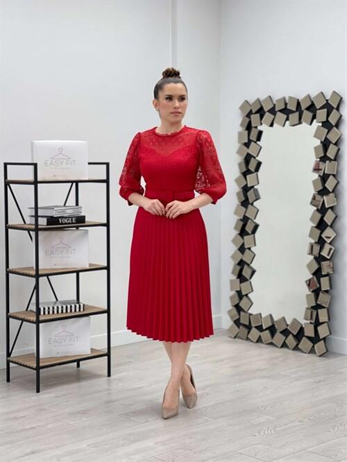 Üst Dantel Alt Atlas Kumaş Pliseli Elbise - KIRMIZI - 2