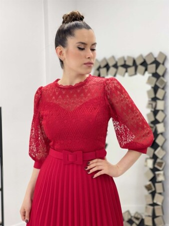 Üst Dantel Alt Atlas Kumaş Pliseli Elbise - KIRMIZI - 3