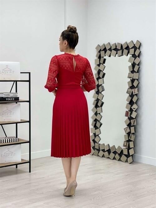 Üst Dantel Alt Atlas Kumaş Pliseli Elbise - KIRMIZI - 5