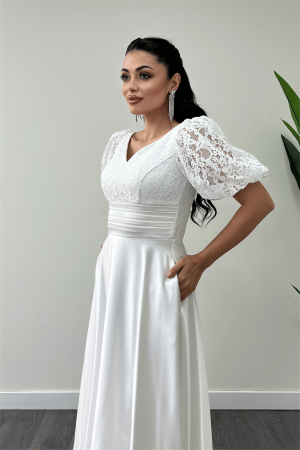 Üst Dantel Alt Saten Detaylı Midi Elbise - BEYAZ - 4