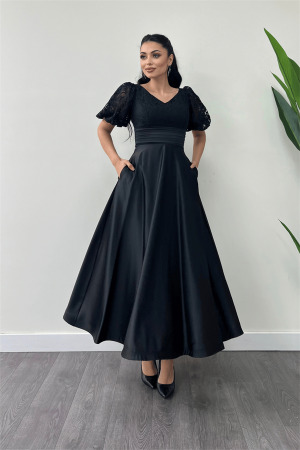 Üst Dantel Alt Saten Detaylı Midi Elbise - SİYAH - Angelino Moda