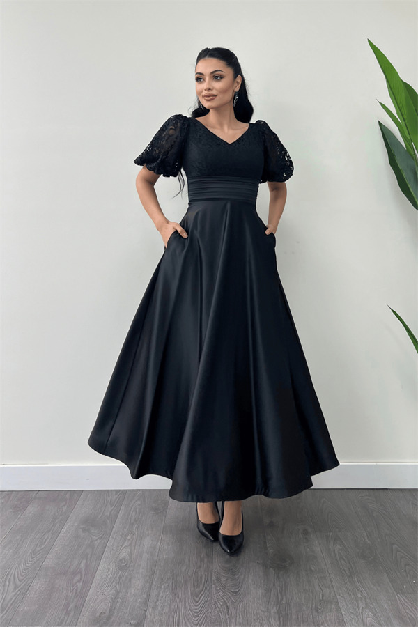 Üst Dantel Alt Saten Detaylı Midi Elbise - SİYAH - 1