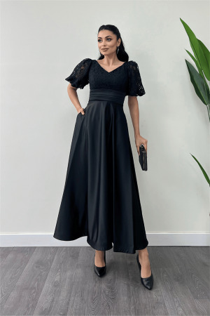 Üst Dantel Alt Saten Detaylı Midi Elbise - SİYAH - Angelino Moda (1)