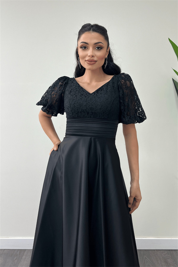 Üst Dantel Alt Saten Detaylı Midi Elbise - SİYAH - 3