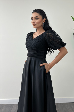 Üst Dantel Alt Saten Detaylı Midi Elbise - SİYAH - 4