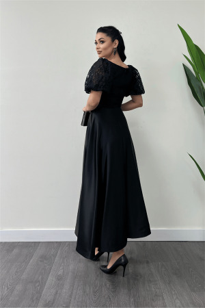 Üst Dantel Alt Saten Detaylı Midi Elbise - SİYAH - 5