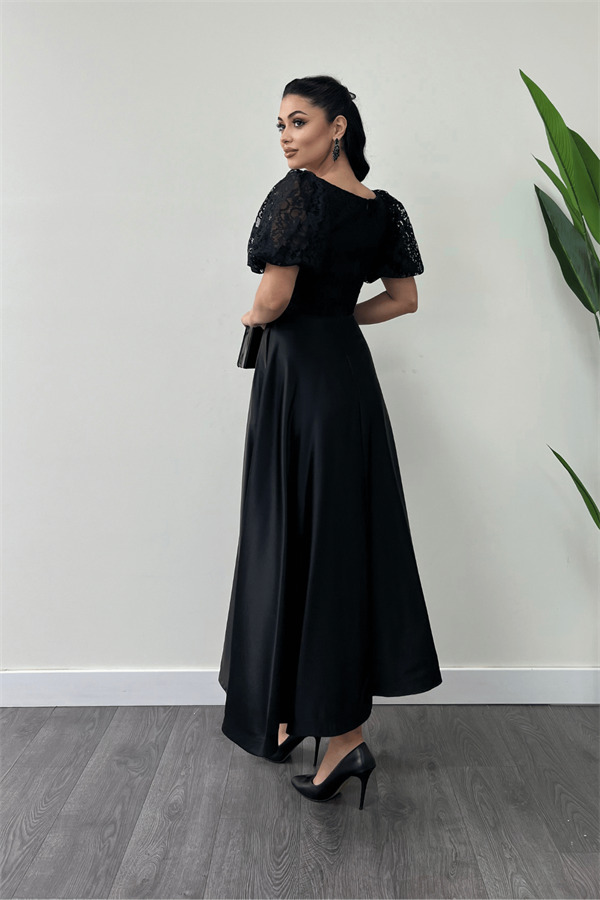 Üst Dantel Alt Saten Detaylı Midi Elbise - SİYAH - 5