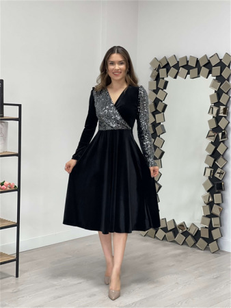 Top Sequin Bottom Velvet Dress - Silver - Angelino Moda