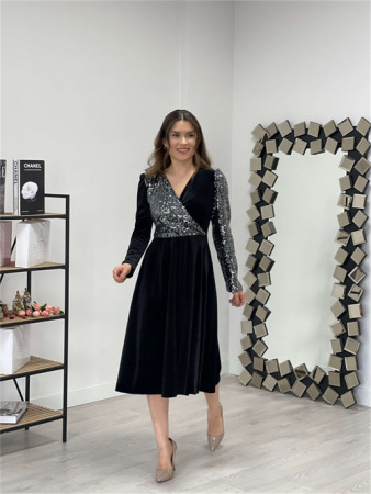 Top Sequin Bottom Velvet Dress - Silver - Angelino Moda (1)